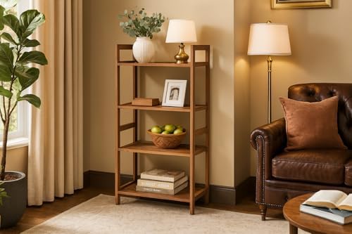 Teak Wood 4-Tier Shelving Unit, Waterproof, Leveling Feet, Teak Oil Finish