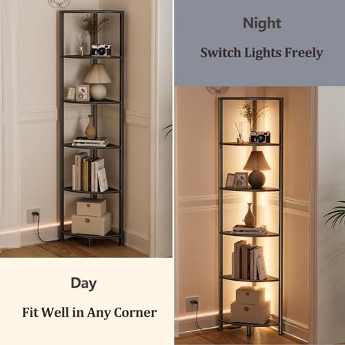Furnulem 6 Tier Corner Shelf with LED Light, 67.5" Black Narrow Bookshelf