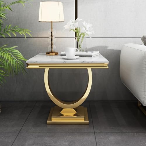Modern Luxury Faux Marble End Table with Polished Gold Stainless Steel Base S...