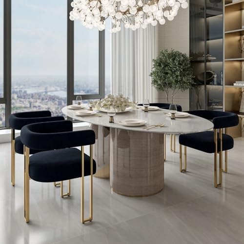 Hyfirm Set of 4 Black and Gold Modern Dining Chairs, Velvet Upholstered Barre...