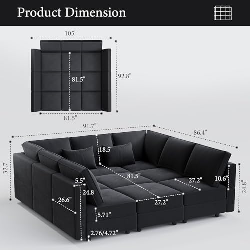 Vesgantti 92" 9 Seats Modular Sectional Sleeper Sofa with Storage, Black...