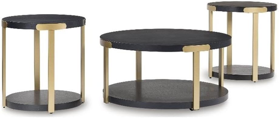 BOWERY HILL Contemporary Engineered Wood Coffee Table Set, Black Wood Grain F...