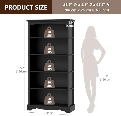 TVU 5-Tier Wooden Bookshelf, 31.5" W x 65" H ×9.9" D Bookshelf...