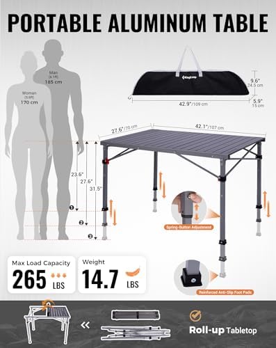 KingCamp 265lbs Adjustable Camping Table Foldable, Aluminum Camp Table