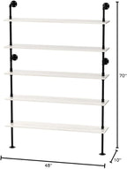 Pipe Industrial Ladder Shelves Bookcase, Wall Mounted Retro Wood Metal Pipe Rustic Bookshelf (White, 5 Tier - 10" D x 48" W x 70" H)