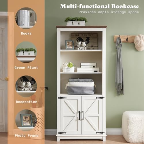 AMERLIFE 2-Piece 5-Tier Farmhouse Bookcase with Barn Doors, Rustic White