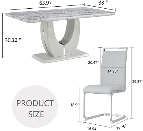 JUFU 7-Piece Dining Table Set for 6, 63-Inch Faux Marble Table