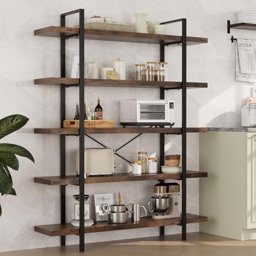 Heavy Duty 5 Tier Industrial Bookcase for Home Office, Rustic Brown