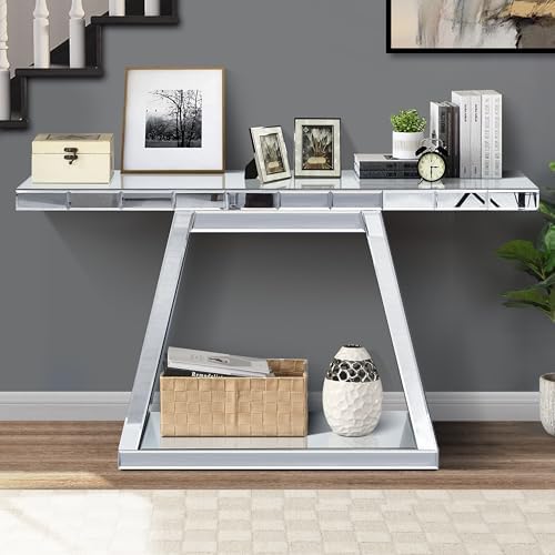 56" Silver Mirrored Console Table, Rectangle Glass Couch Behind Sofa Tab...