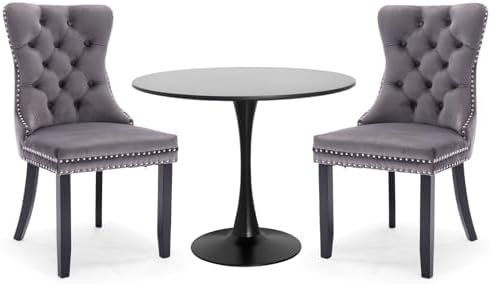 3-Pieces Dining Sets, 31.5" Round Dining Table Set with 2 Velvet Upholstered Dining Chairs,Wooden Legs Design for Kitchen Dining Room Apartment Small Space(1 Black Table with 2 Grey Chairs)