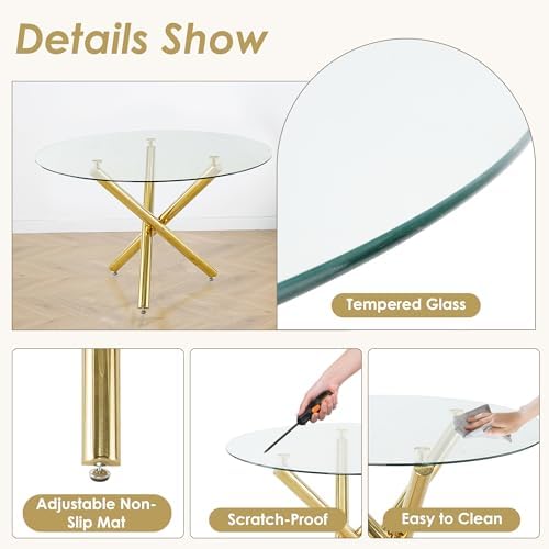 5 Piece Golden Luxury Round Glass Dining Set, Modern Minimalist Circle Kitche...