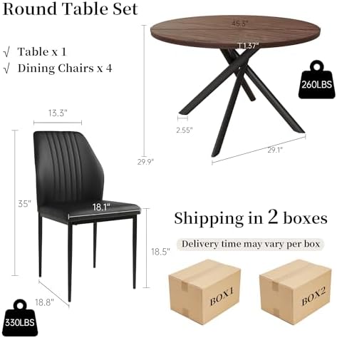 HIPIHOM 45.3'' Walnut Round Dining Table Set for 4, Mid Century Moder...