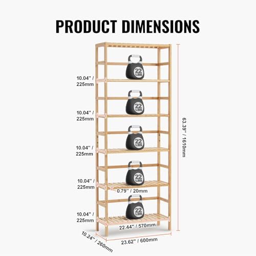 VEVOR 6-Tier Bamboo Shelf, Open Wood Bookshelf, Display Storage Rack Organize...