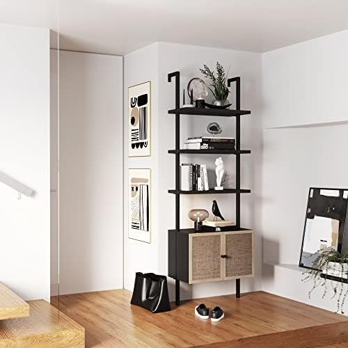 Nathan James Theo Modern Bookcase with Rattan Cabinet in Matte Black and Ligh...