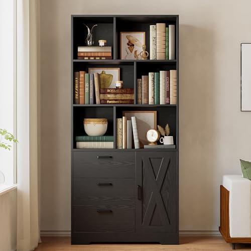 IRONCK 70.9-Inch Bookcase with Doors and 3 Drawers, Black