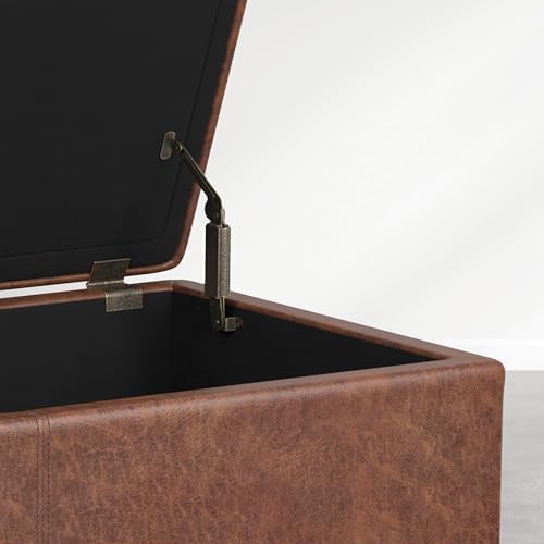 SIMPLIHOME Avalon 54" Vegan Leather Ottoman in Distressed Pecan Brown