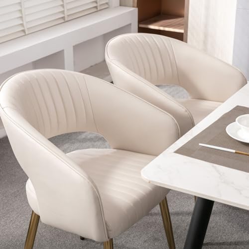 Hyfirm Leather Dining Chairs Set of 6 with Gold Metal Legs, Modern Cream