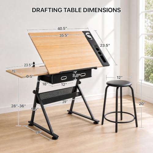 Athena Collection Wooden Drafting Table W/Stool, Tilting Art Desk, Natural