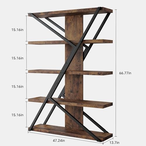 FUSUNBAO 5-Tier Industrial Bookshelf, Tall Wood and Metal Bookcase,Brown
