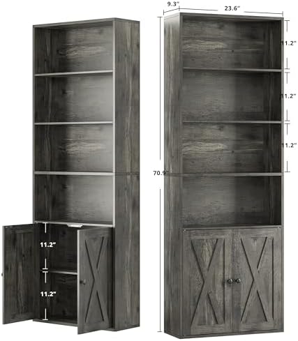 IRONCK Tall Bookshelf 70 in, Bookcases with Doors, Set of 2, Charcoal Grey