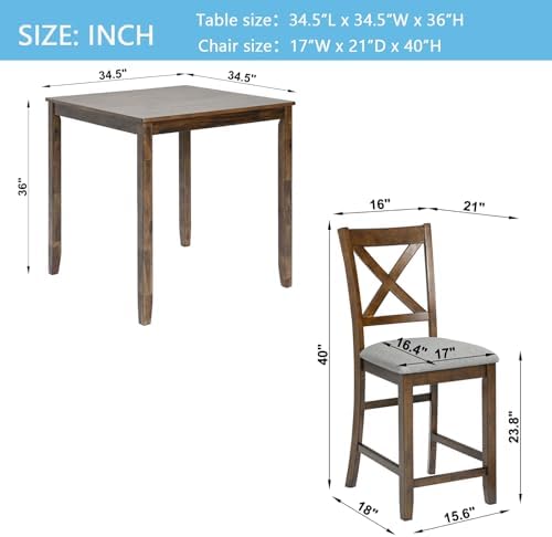5 Piece Dining Table Set for 4, Solid Wood Square Dining Table Set, Counter H...