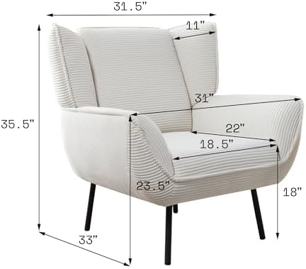 Corduroy Wingback Accent Chair, High Back Armchair with Deep Seat, White