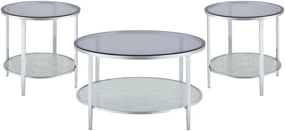 Pemberly Row Round Chrome and Tempered Glass End Table, Smoky Glass Top, Text...