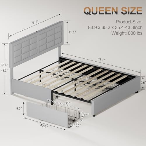 VECELO Queen Size Bed Frame with 4 Storage Drawers & Adjustable Headboard...