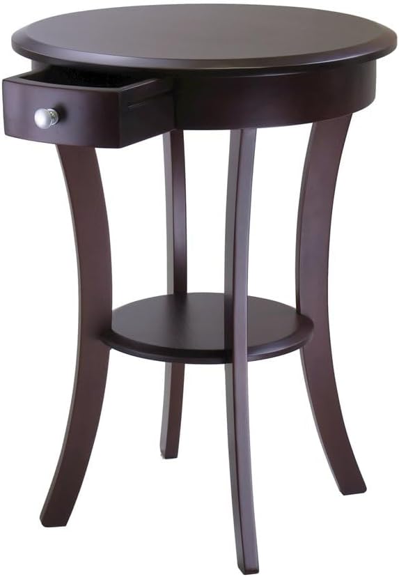 Furnifact Round Accent Table, Brown Finish, Storage Drawer, Lower Round Shelf...