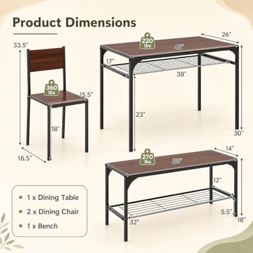 COSTWAY Dining Table Set for 4 with Bench & 2 Chairs, Storage Racks, Walnut