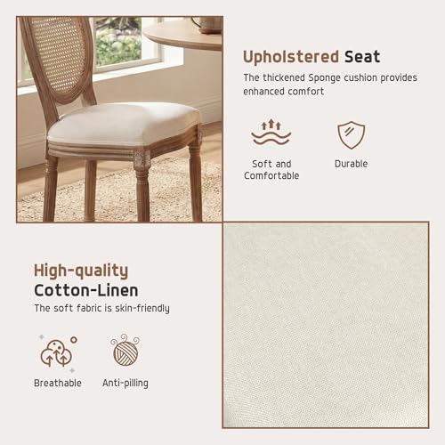 Polar Aurora Dining Chairs Set of 4 Beige Rattan Round Back with Solid Wood L...