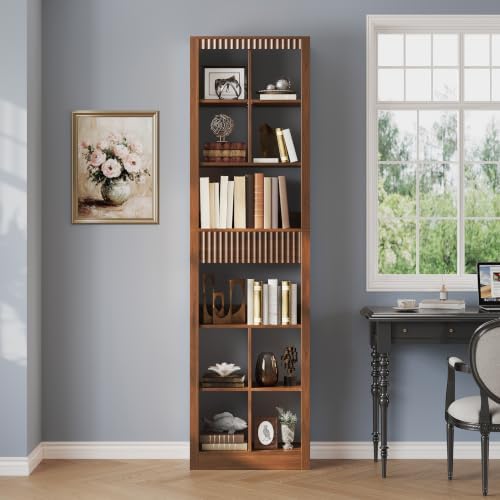 Wodeer 71" Tall 6 Tier Bookshelf with 8 Cube Open Display, Walnut Bookca...