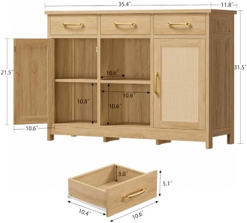 TEENFON Coffee Bar Cabinet with 3 Drawers, Farmhouse Buffet Cabinet