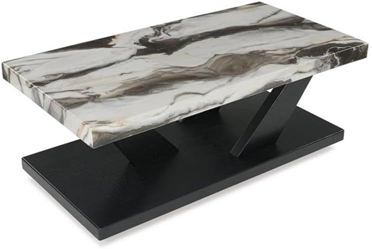 BOWERY HILL Coffee Table Set, 3-Piece, Faux White Marble Tops, Black Wood Fra...