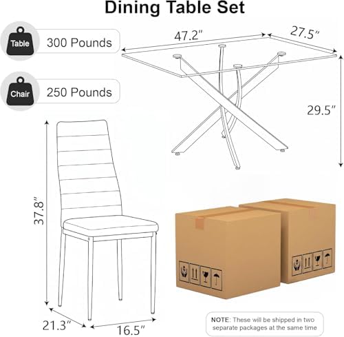 5 Piece Glass Dining Table Set for 4, Modern Kitchen Table and Chairs Set, Te...
