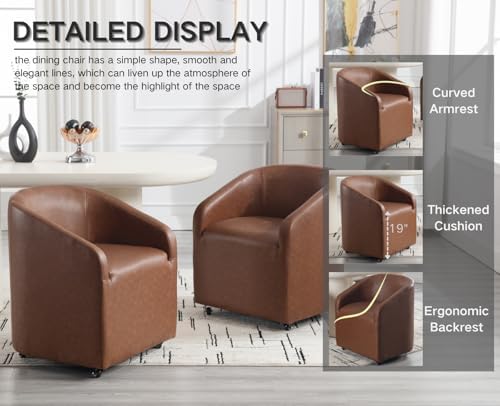 CIMOTA Brown PU Leather Barrel Dining Chairs with Wheels, Set of 1 — Modern U...