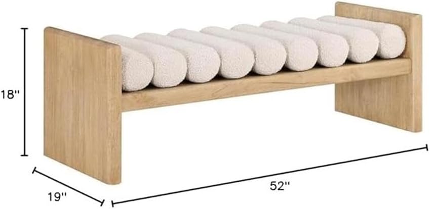 MAKLAINE Set of 2 Contemporary Natural Wood Bench with Cream Fabric Cushions