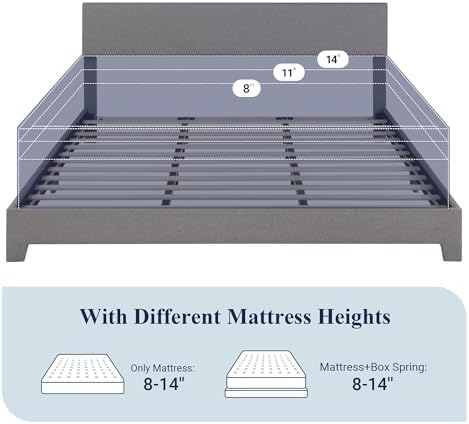 Allewie King Size Upholstered Bed Frame Adjustable Headboard, Light Grey