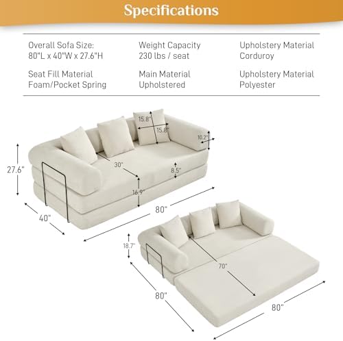 DAMAIFROM Convertible Sleeper Sofa Bed Floor Couch, Beige White | 80" Co...