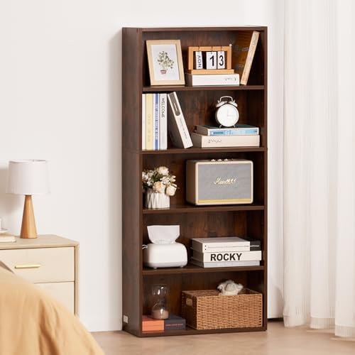 VEVOR 5 Tiers Narrow Bookshelf, 53 in Wooden Open Bookcase with Height-Adjust...