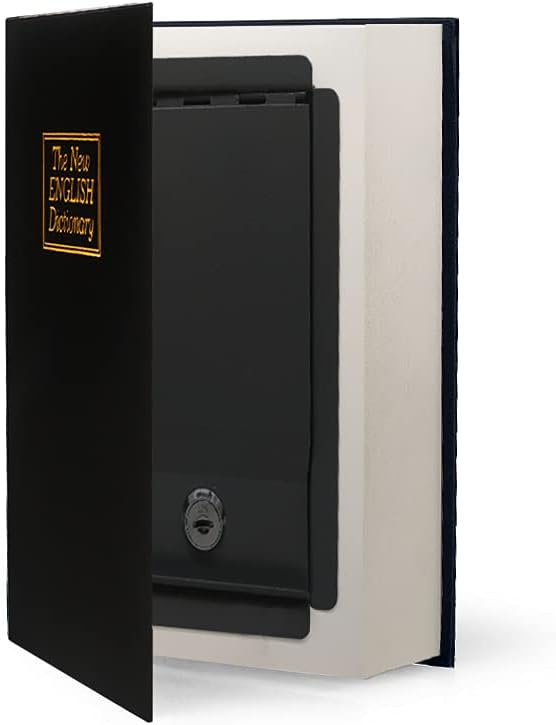 Leather Book Safe (Size 8.7"×6"×2") Real Paper Secret for Jewelry, Money and Cash, Diversion Book Safe,Hollow with Hidden,Key Lock (M, Black-Key)