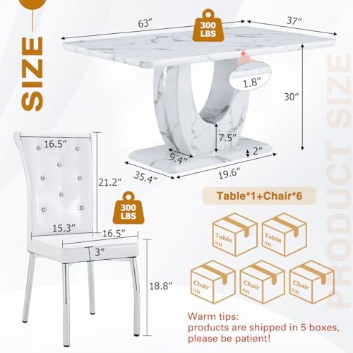 Modern Faux Marble Dining Table Set for 6, 63" White Rectangular Kitchen...