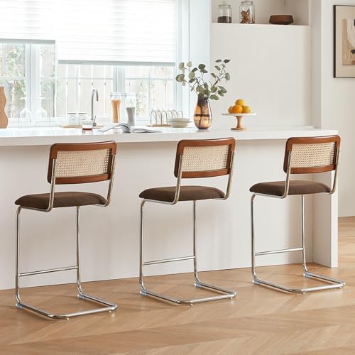 GrandNoor Natural Rattan Counter Height Stools Set of 3 with Solid Wood Back,...