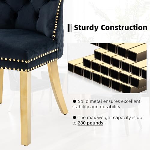 Dining Chairs Set of 6, Golden Metal Legs, Sophisticated Lion Ring, Black