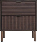 Sango Merk 2-Drawer Nightstand, Modern Walnut Bedside Table with Cylindrical Wood Legs, Vertical & Horizontal Groove Patterns, Discreet Metal Finger Pulls, Smart Storage for Office or Living Room