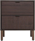 Sango Merk 2-Drawer Nightstand, Modern Walnut Bedside Table with Cylindrical Wood Legs, Vertical & Horizontal Groove Patterns, Discreet Metal Finger Pulls, Smart Storage for Office or Living Room