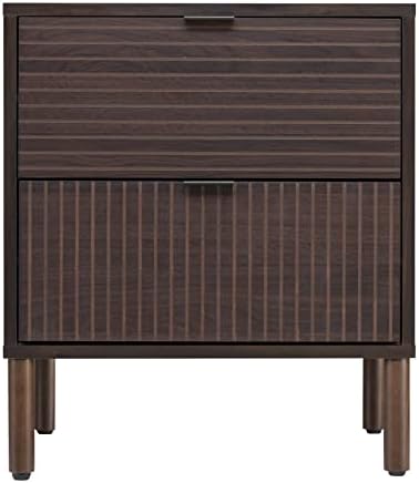 Sango Merk 2-Drawer Nightstand, Modern Walnut Bedside Table with Cylindrical Wood Legs, Vertical & Horizontal Groove Patterns, Discreet Metal Finger Pulls, Smart Storage for Office or Living Room