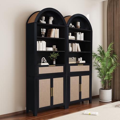 Janmer Home 79" Tall Arched Bookcase Cabinet with Doors, Black,Rattan