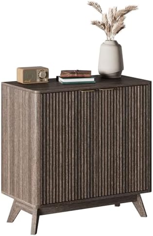 Fluted Sideboard Buffet Cabinet, Modern Wood Accent Cabinet, Walnut