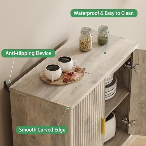 Xixini Fluted Sideboard Buffet Cabinet, 30" Wood Coffee Bar Cabinet, Grey